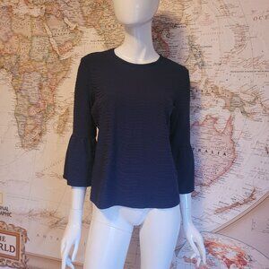 J. McLaughlin Kyla Navy Blue 3/4 bell sleeve crew neck wave pattern office S